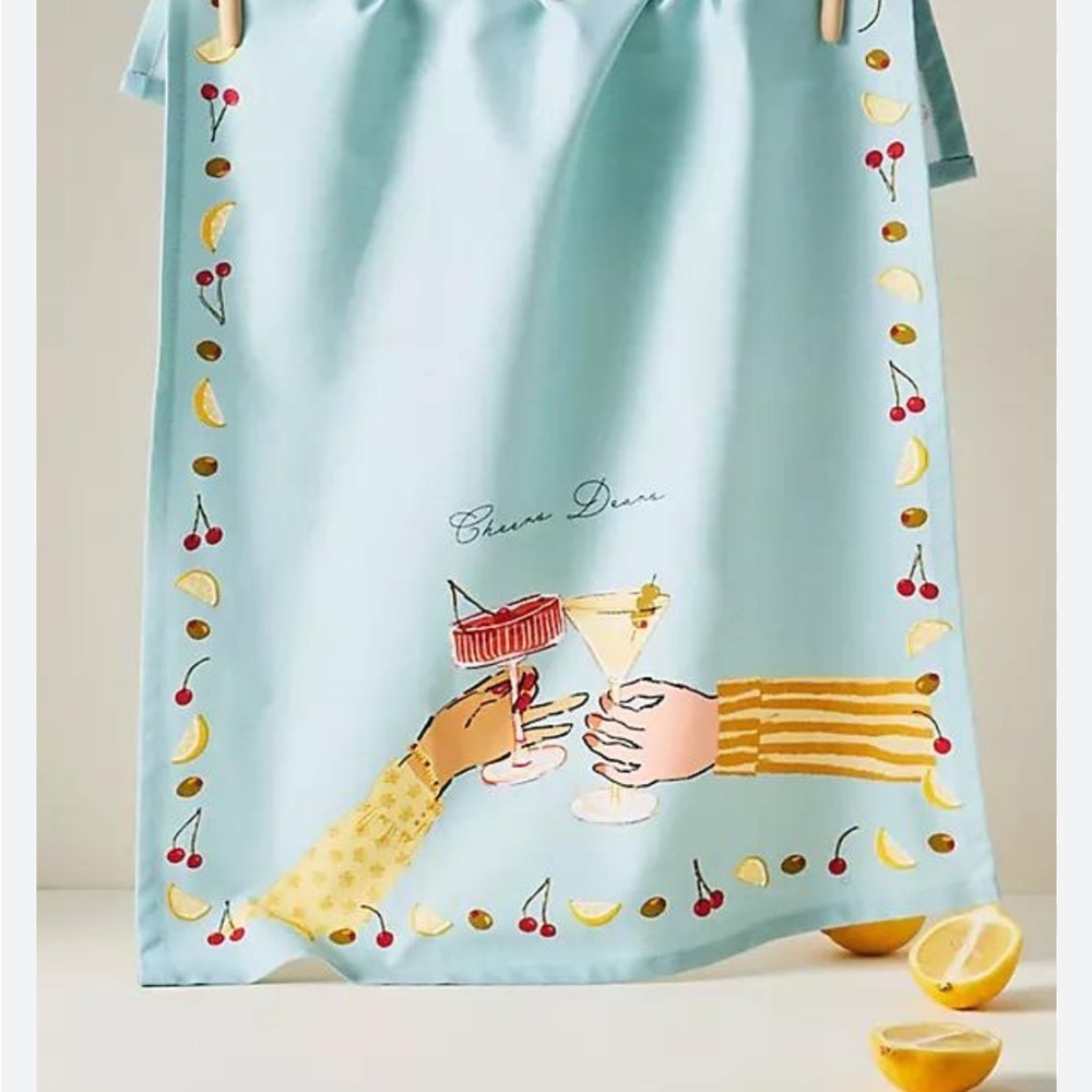Anthropologie Cheers Dears New Blue Tea Towel with Cheers Design